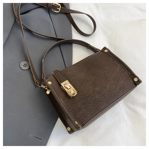 Close-up of vintage dark brown crossbody bag featuring gold twist lock and rivet accents