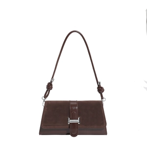 Retro dark brown rectangular underarm bag with suede flap and silver buckle closure