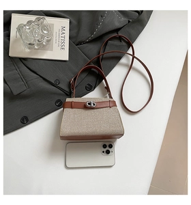 Detail of beige woven handbag with brown leather trim and silver metal twist lock