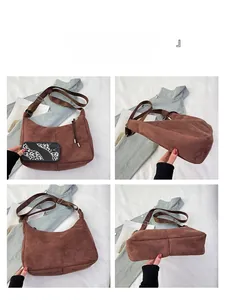 Brown suede crossbody tote bag shown in four-view perspective with size comparison to phone