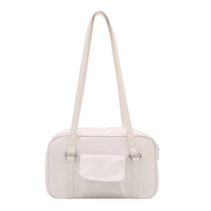 Minimalist cream white faux leather shoulder bag with front flap pocket and silver hardware