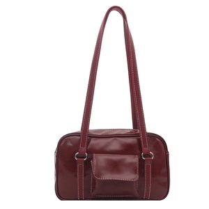 Retro burgundy boston shoulder bag with contrast stitching and large capacity