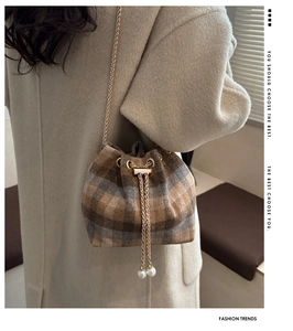 Close-up of British plaid wool bucket bag with gold chain strap and pearl drawstring