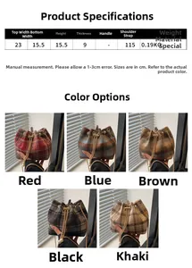 Detail view of colorful plaid bucket bags with pearl chain strap and size chart specs
