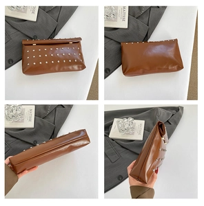 Multi-angle view of a brown envelope clutch with silver rivets and magnetic closure