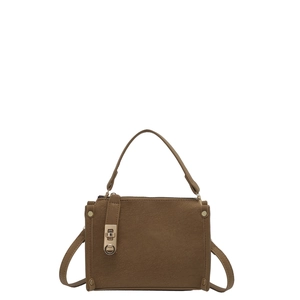 Classic tan suede shoulder bag with gold twist-lock and detachable crossbody strap