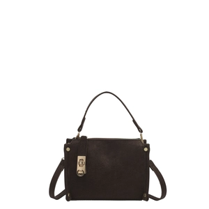 Minimalist dark brown leather crossbody bag with elegant gold twist-lock and wide handle
