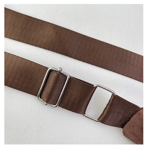 Close-up of durable brown nylon shoulder strap with premium silver metal buckle