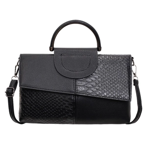 Black patchwork PU leather tote bag with snakeskin texture and crossbody strap
