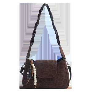 Brown leopard print shoulder bag with braided strap and beaded tassel pendant accessory