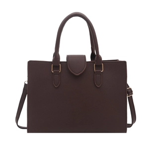 Minimalist structured dark brown tote bag with gold hardware and removable shoulder strap