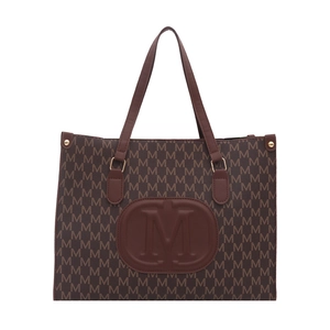 Brown leather tote bag with M-letter print and embossed logo in minimalist design