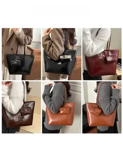 Collage of large soft leather tote bags in four retro colors for vintage daily outfits