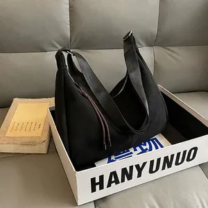 Retro black matte leather hobo bag with wide strap in large capacity tote style