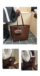 Detail of a dark brown glossy tote bag with matching mini pouch and slim shoulder straps