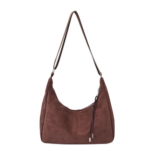 Vintage brown suede hobo tote bag for women with tassel zipper and adjustable shoulder strap