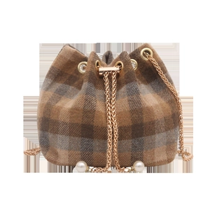 Brown plaid wool bucket bag with drawstring closure and pearl chain strap for women