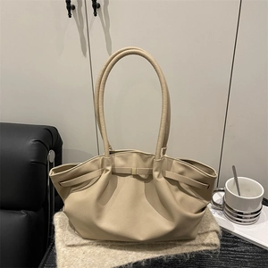 Chic beige ruched tote bag in lychee grain faux leather for daily office commuting