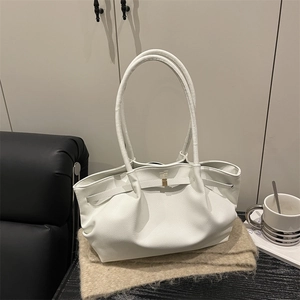 Chic cream white pleated tote bag with pebble leather and long shoulder straps for work