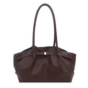 Large dark coffee leather tote bag with gold buckle and pebble grain texture for women