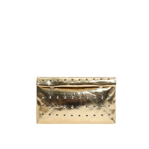 Metallic gold clutch bag with silver stud accents and fold-over design for women