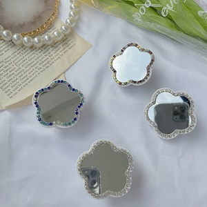 Support de téléphone floral pliable avec miroir de maquillage et strass brillants intégrés