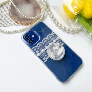 Deep blue phone case with white lace, pearls and a transparent cloud balloon grip stand