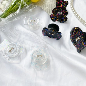 Foldable Phone Grip Stand Heart Bear Candy Shape Glitter Sequin Rhinestone Bow Resin Cute Universal Smartphone Accessory