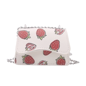Mini strawberry print white leather crossbody bag with silver chain strap for women