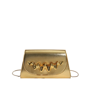 Golden crossbody chain bag with liquid metal wave buckle and textured finish