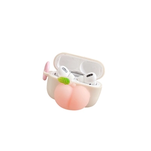 Cute peach silicone case for AirPods Pro with 3D fruit design and pink side keychain loop