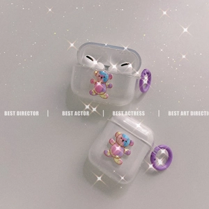Coque AirPods transparente avec motif d'ours mignon et crochet violet