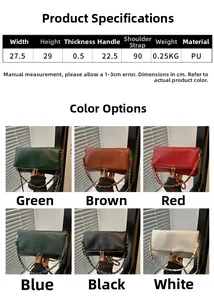 Detailed size specifications and six color variants of the lychee texture shoulder bag