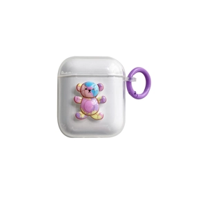 Coque AirPods transparente avec charm ours arc-en-ciel mignon et clip anneau violet