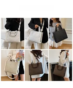 Collage of chic patterned tote bags in beige and black shown on models in daily life
