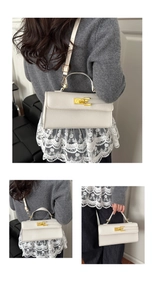 Detailed views of a white textured crossbody bag with gold hardware and removable strap