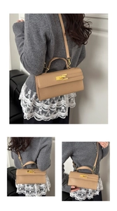 Three lifestyle views of a beige leather shoulder bag showing crossbody fit and size