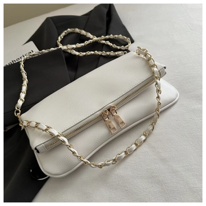 Close-up of white lychee pattern crossbody bag with gold chain and dual zipper detail