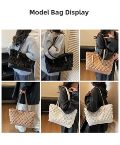 Detailed views of faux fur contrast tote bag worn by model in different angles