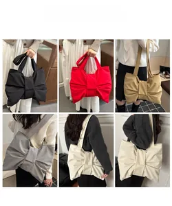 Model showcase of large nylon bow tote bags in six different colors for casual styling