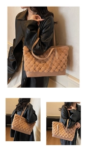Detail of brown faux fur bucket bag featuring textured bobble pattern and leather base