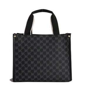 Large capacity monogram tote bag with black and white woven handles and MK print
