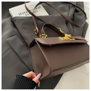 Detailed macro view of retro lock on dark brown lychee leather handbag with gold buckle