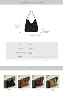Size chart for quilted velvet bucket bag showing 32cm width and chain strap details