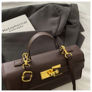 Detailed view of dark brown Epsom leather texture and golden twist lock on shoulder bag