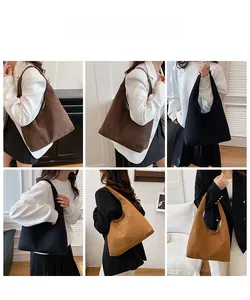 Collage of model wearing large suede tote bags in black, dark brown, and camel colors