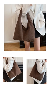 Three-way view of a large vintage brown suede tote bag styled with a minimalist outfit