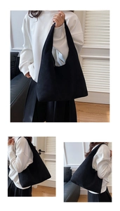 Multiple views of a large black faux suede tote bag with wide shoulder strap details