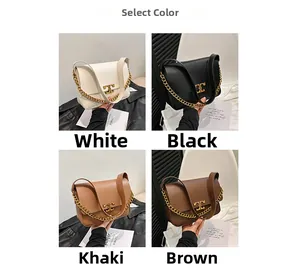 Multiple views of elegant square chain crossbody bags in white, black, khaki, and brown