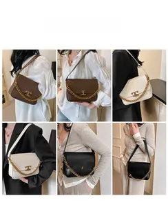 Three-color selection of chic chain crossbody bags featuring metallic T-logo and leather straps
